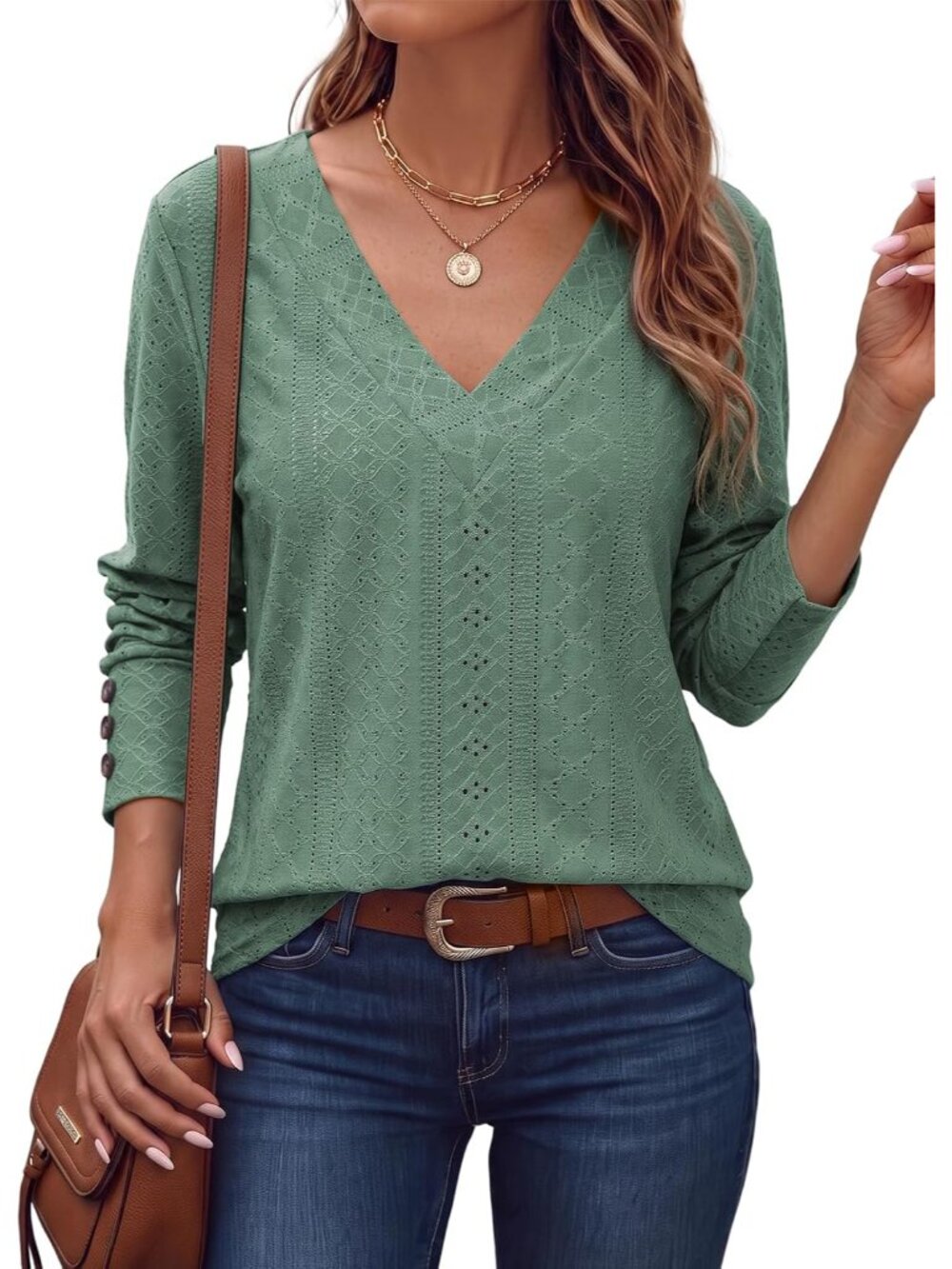 Womens Fall V Neck Long Sleeve Eyelet Embroidered Blouse